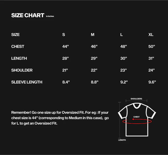 Size chart for RAIDEN SHOGUN OVERSIZED T-SHIRT