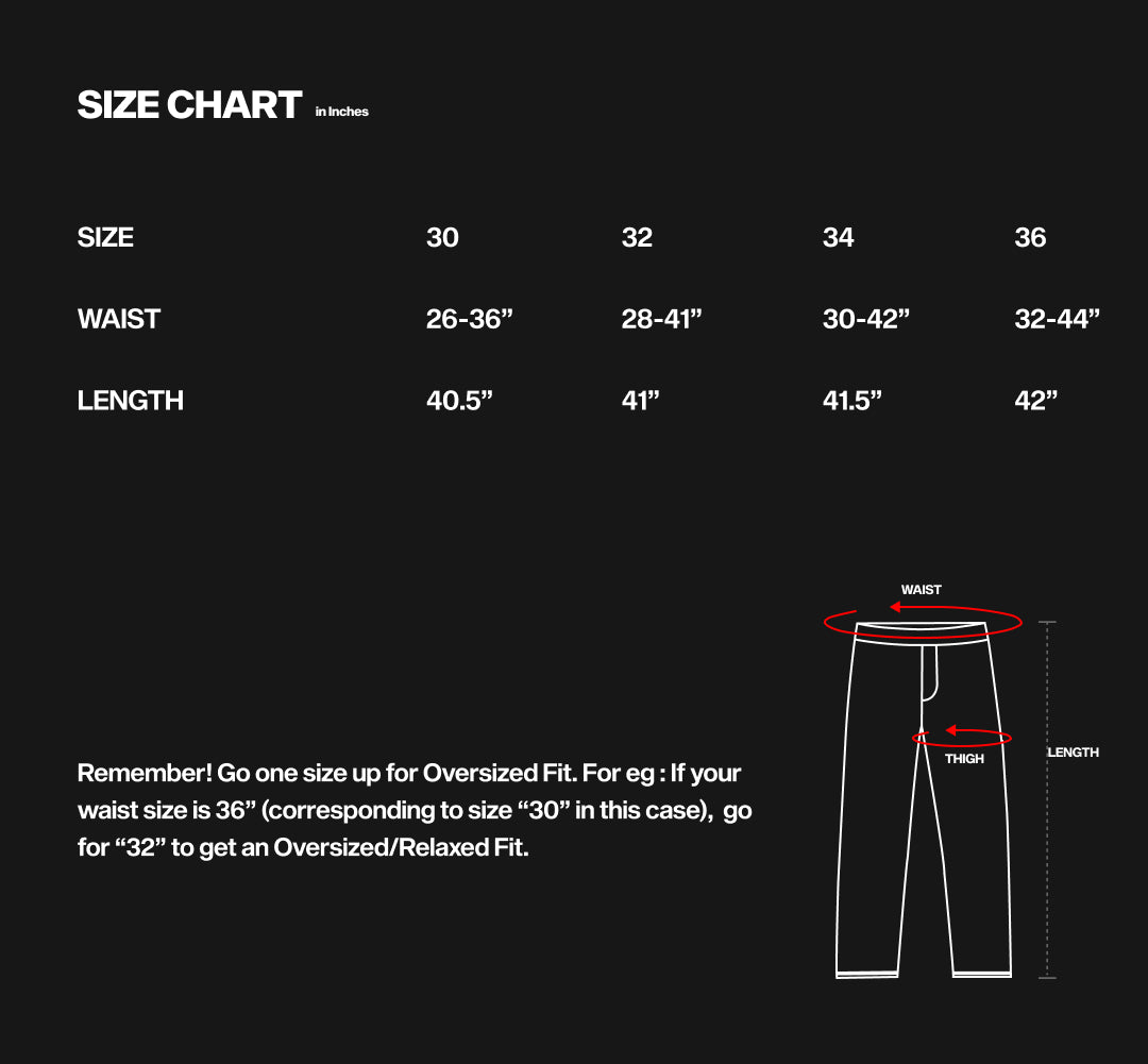 Size chart for Cyberpunk Edgerunners Parachute Pants