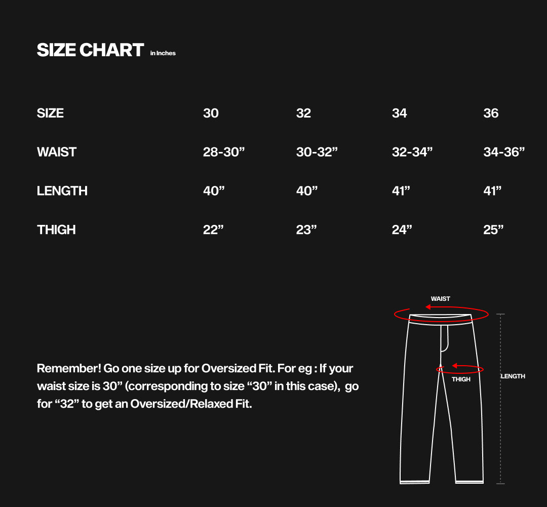 Size chart for SAMURAI CARGO PANTS