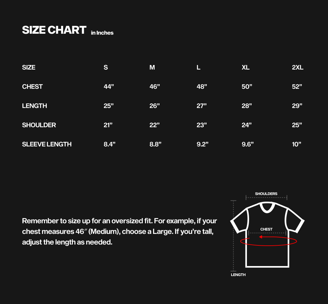 Size chart for Overgrowth T-Shirt inspired by The Last of Us