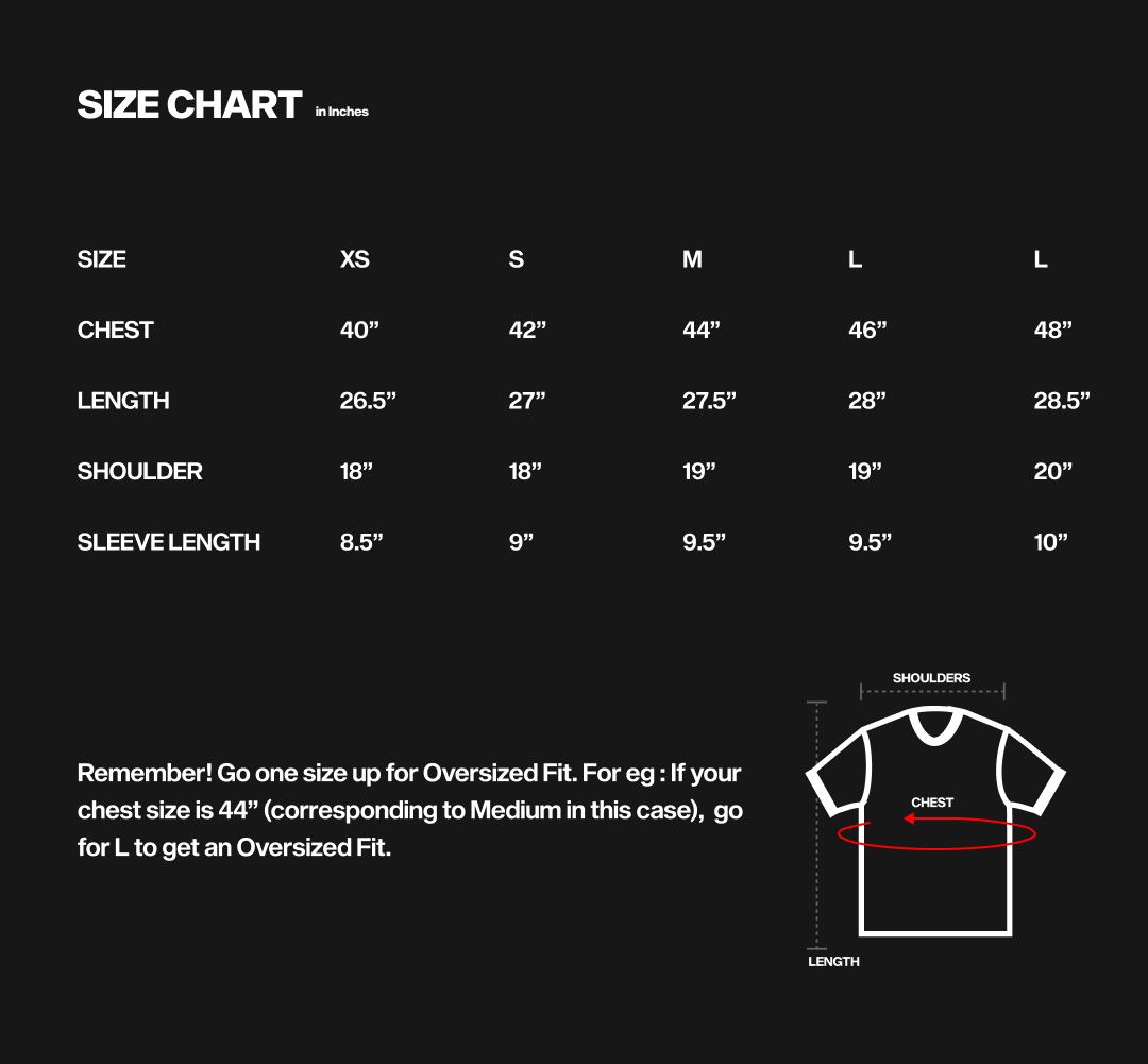 Size chart for IMMORTALS T-SHIRT